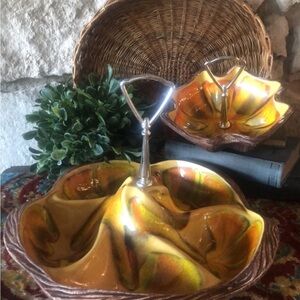 2 Vintage California Pottery Sequoia Ware Candy Chip & Dip Set Yellow Orange